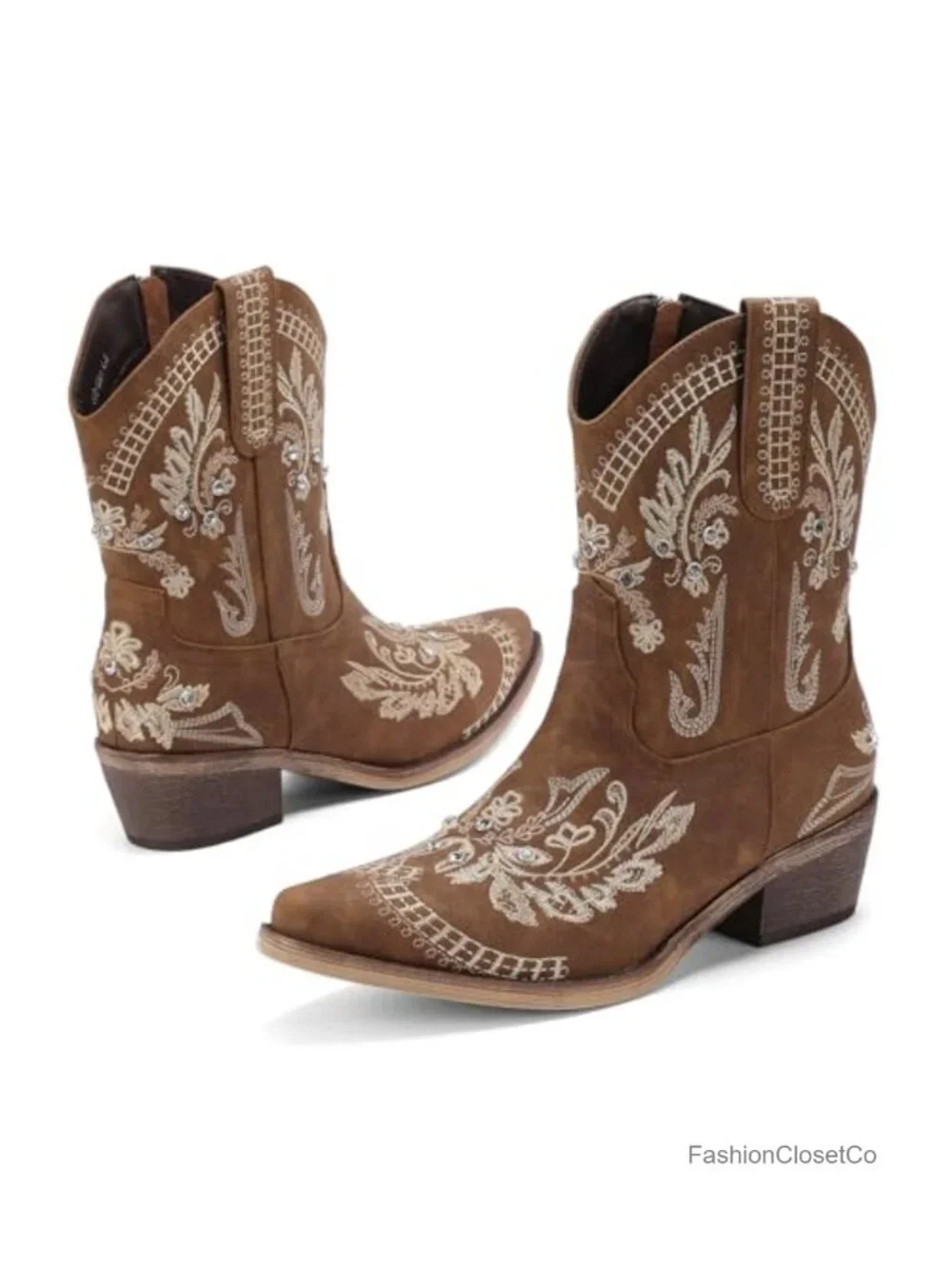 Rhinestone Embroidered Ankle Cowboy Boots with Low Heel Chunky Heel Side Zipper